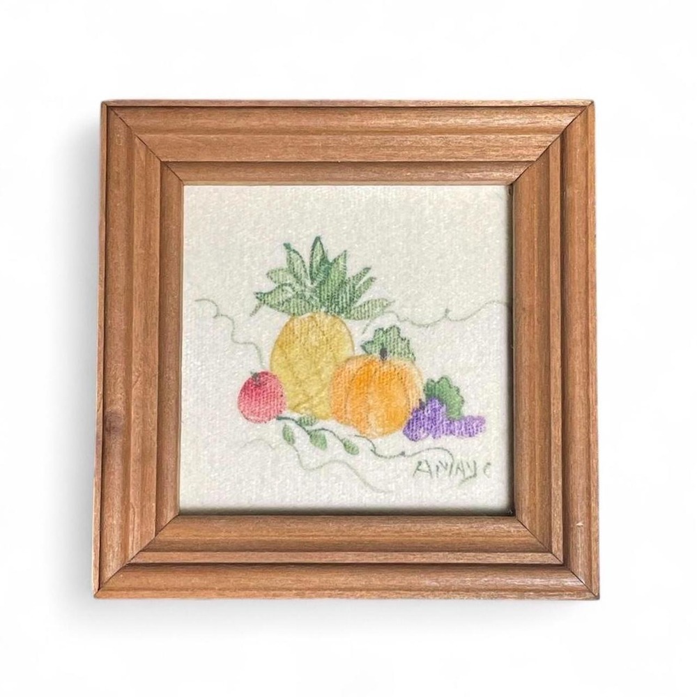 Vintage Cottagecore Framed Fruit Embroidery Wall Art Rustic Grannycore Rare Find